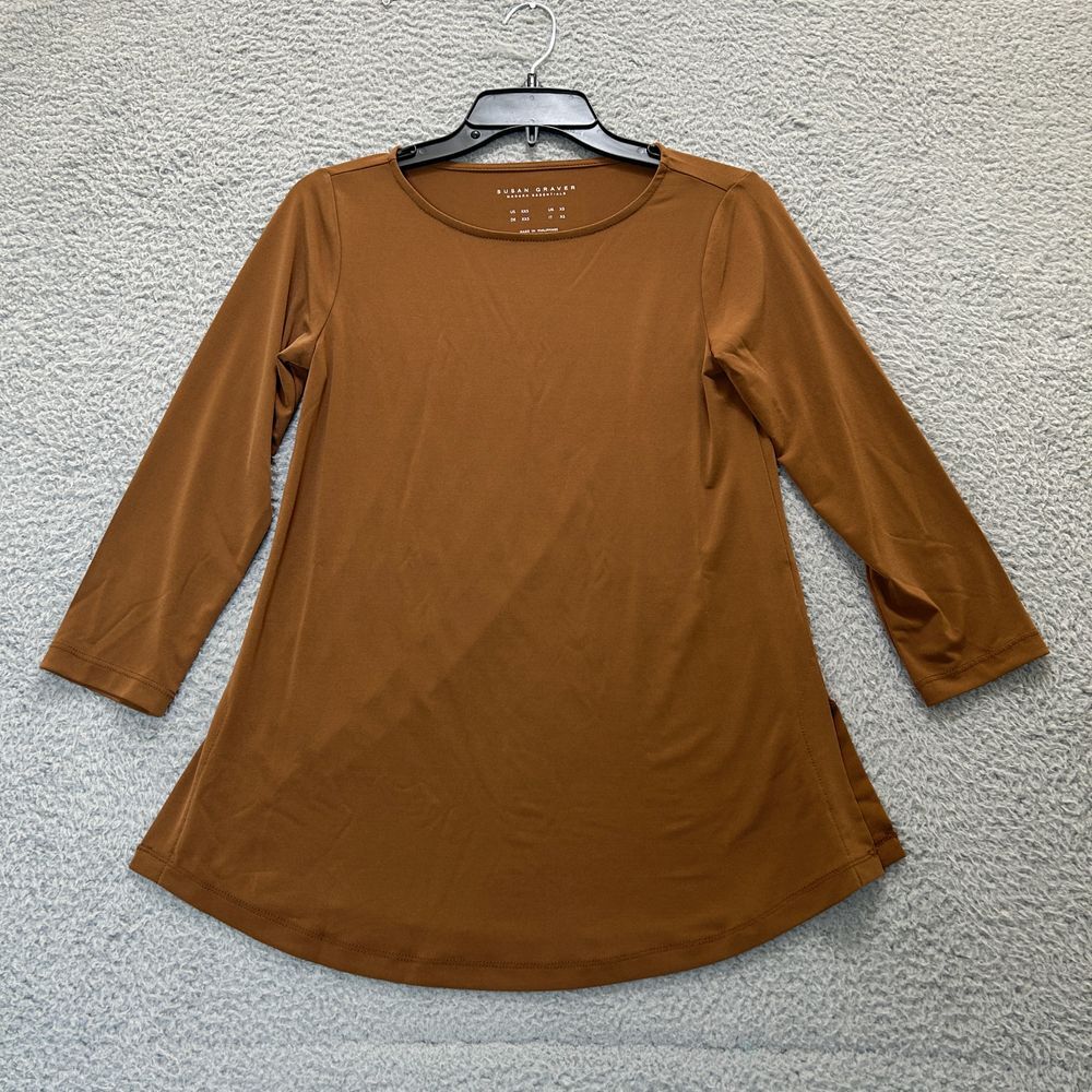Susan Graver Shirt Womens XXS Brown Long Sleeve Liquid Knit Slinky Stretch